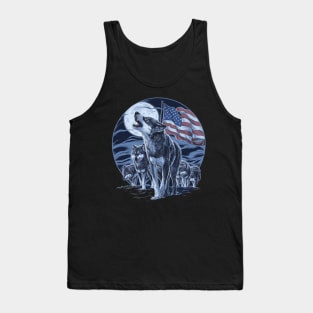 Wolves Under Moon Howling Wolf 4th of July American Flag Tank Top